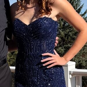 Primavera Sequined Beaded Blue Sweetheart Sheer Corseted Mini Dress 0